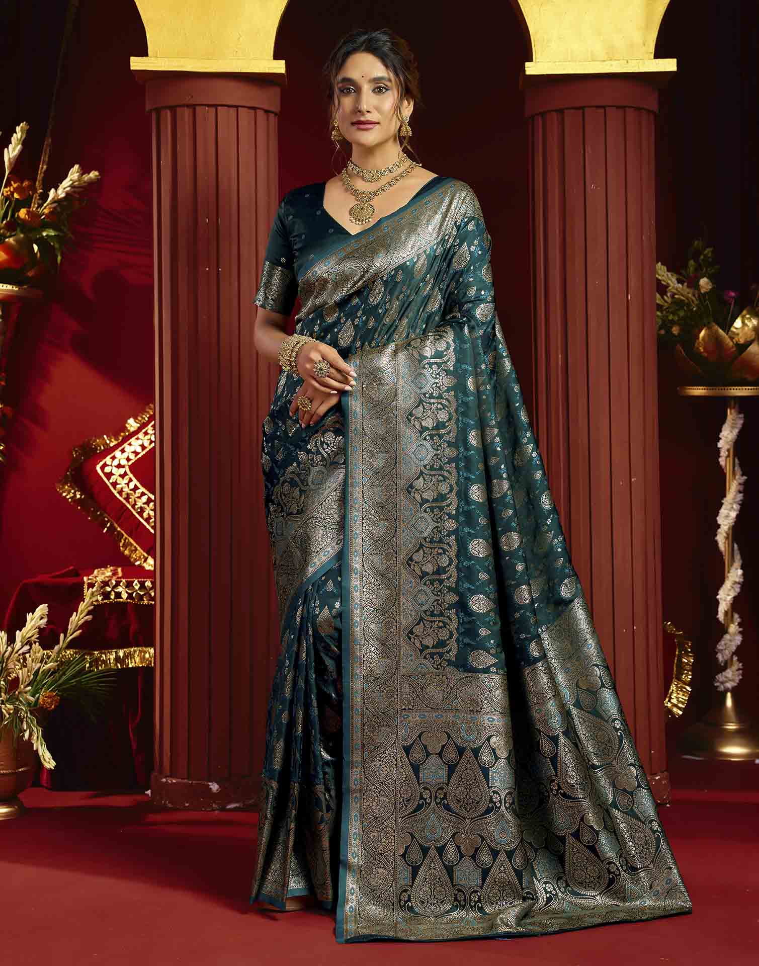 Teal Blue Silk Woven Banarasi Saree