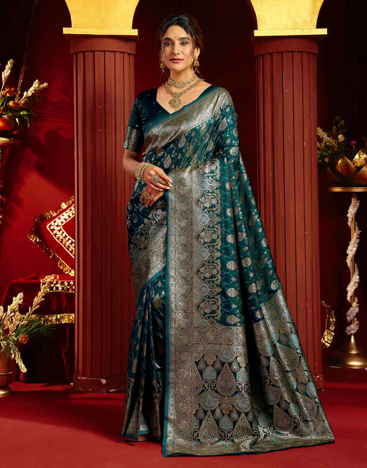 Teal Blue Silk Woven Banarasi Saree