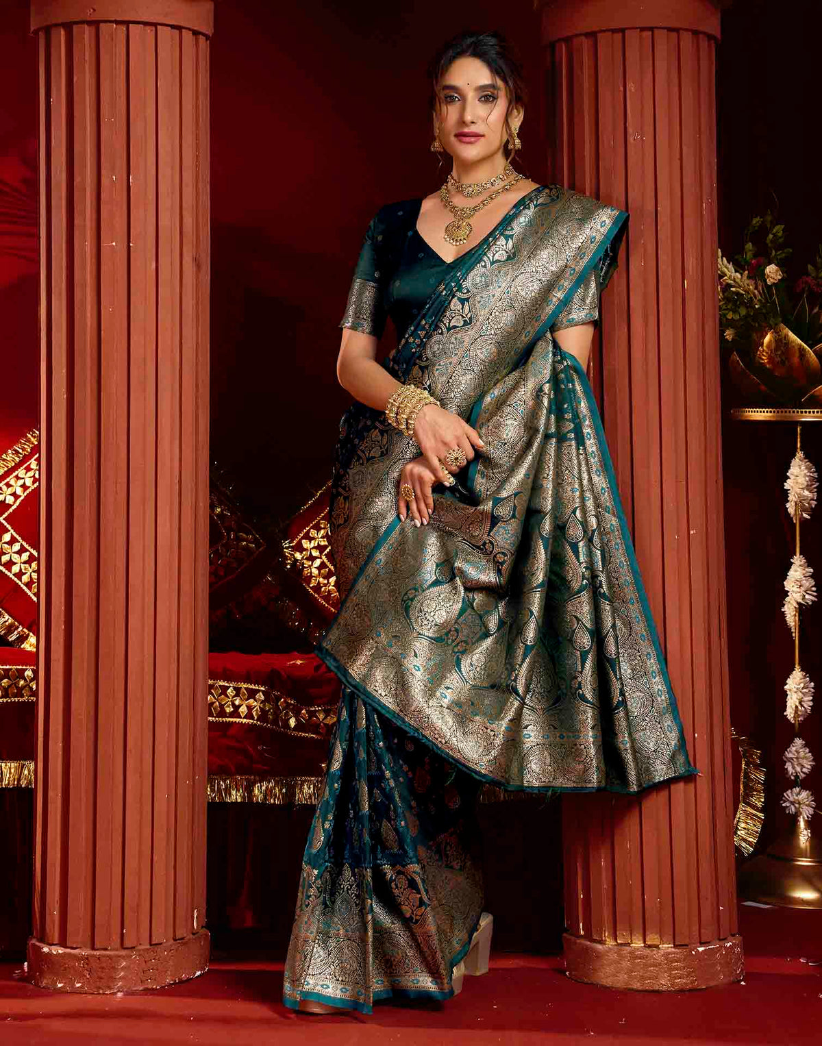 Teal Blue Silk Woven Banarasi Saree