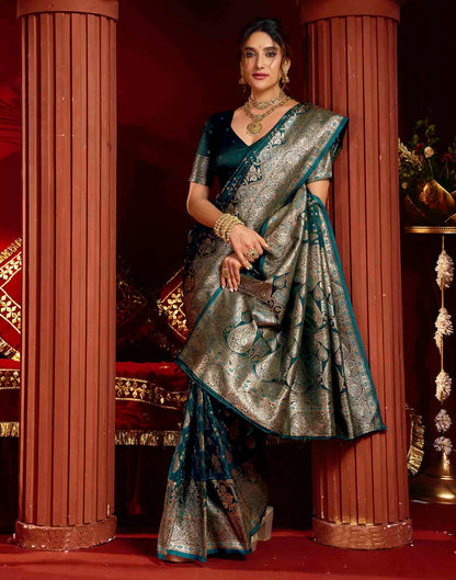 Teal Blue Silk Woven Banarasi Saree
