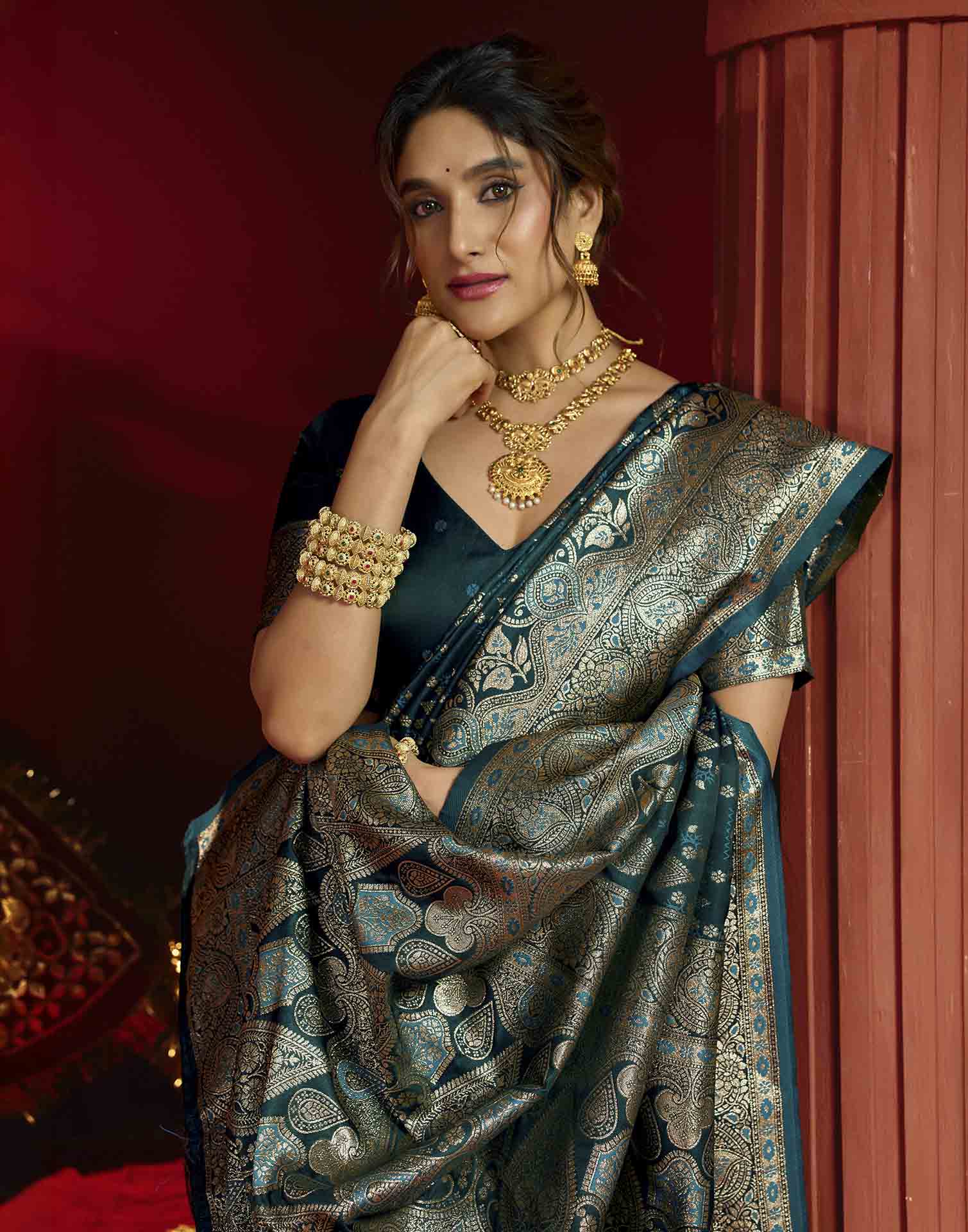 Teal Blue Silk Woven Banarasi Saree