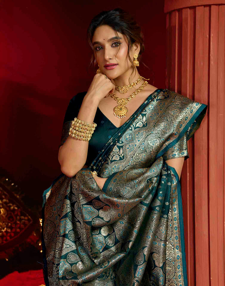 Teal Blue Silk Woven Banarasi Saree