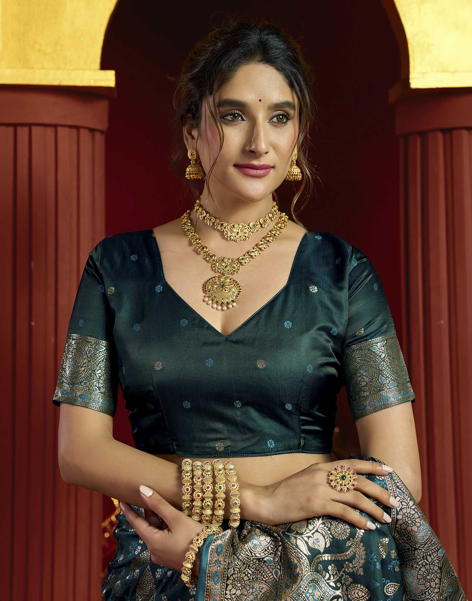 Teal Blue Silk Woven Banarasi Saree