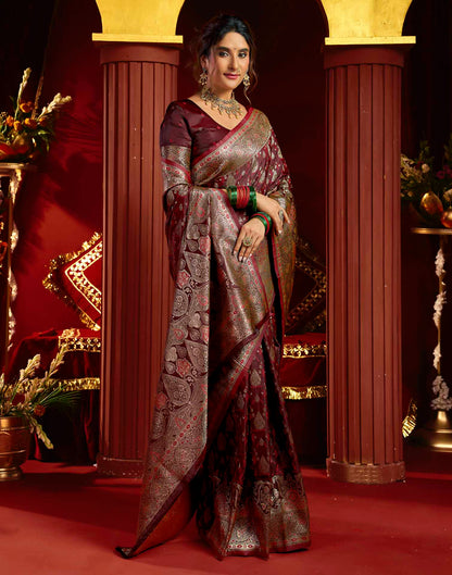 Maroon Silk Woven Banarasi Saree