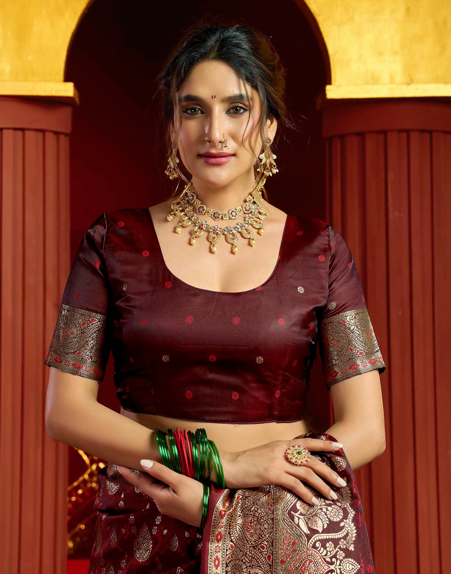 Maroon Silk Woven Banarasi Saree