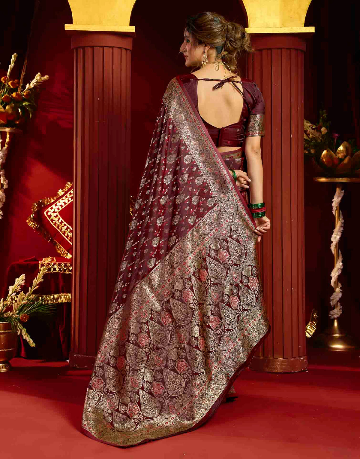 Maroon Silk Woven Banarasi Saree