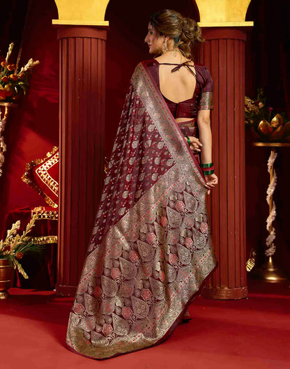 Maroon Silk Woven Banarasi Saree