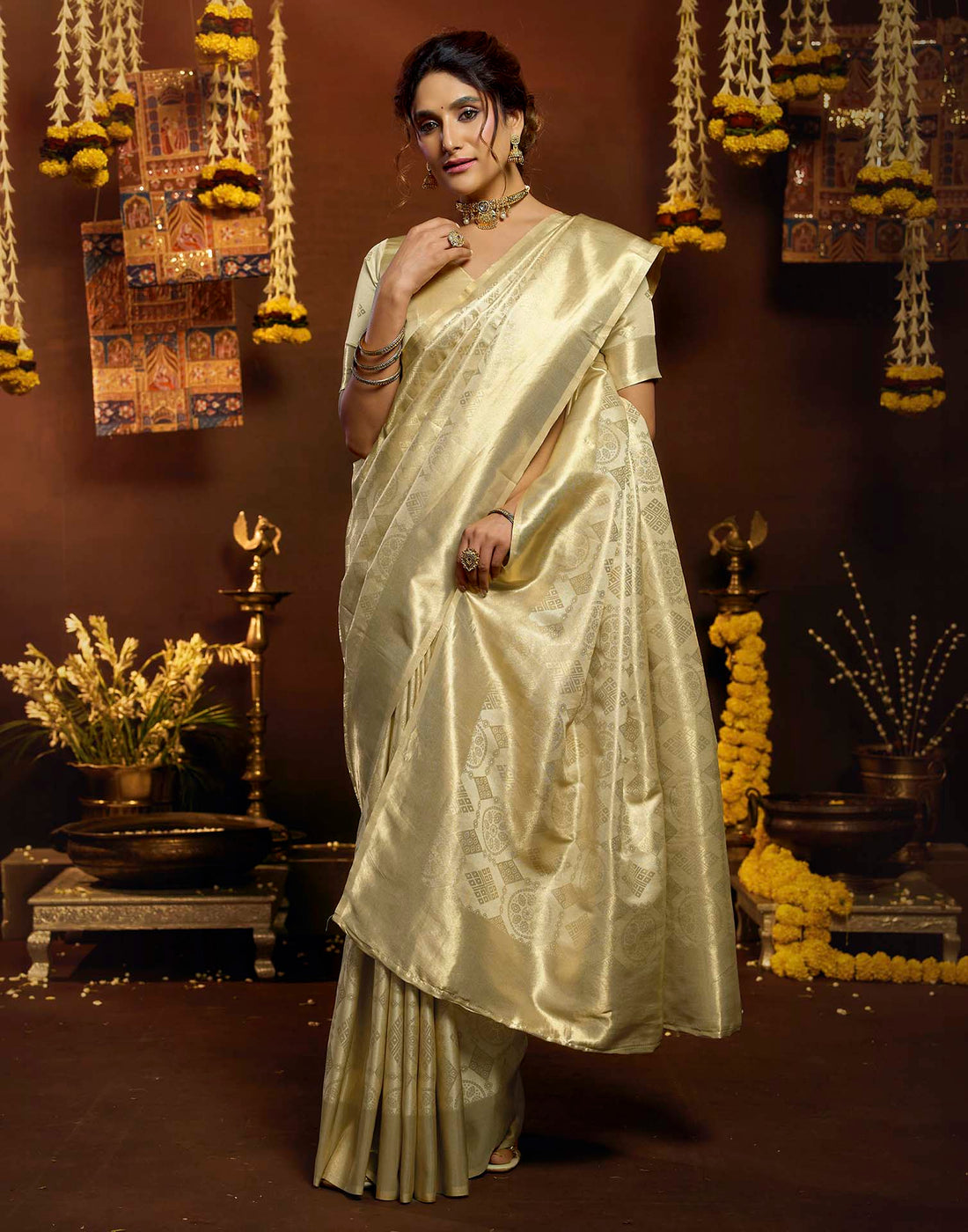 Cream Silk Woven Banarasi Saree