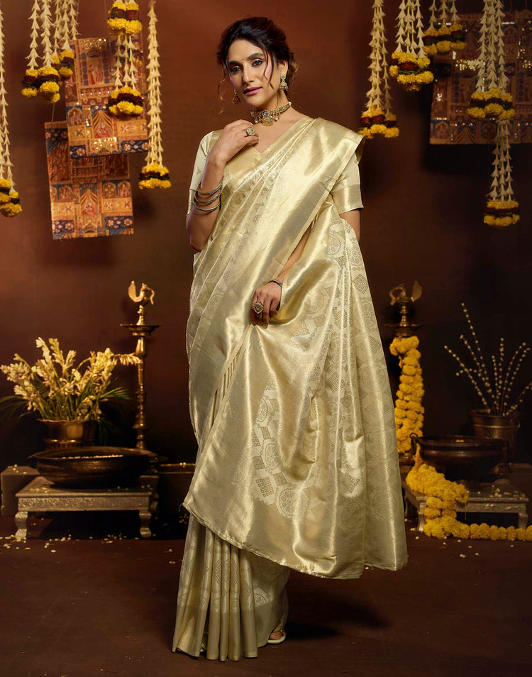 Cream Silk Woven Banarasi Saree