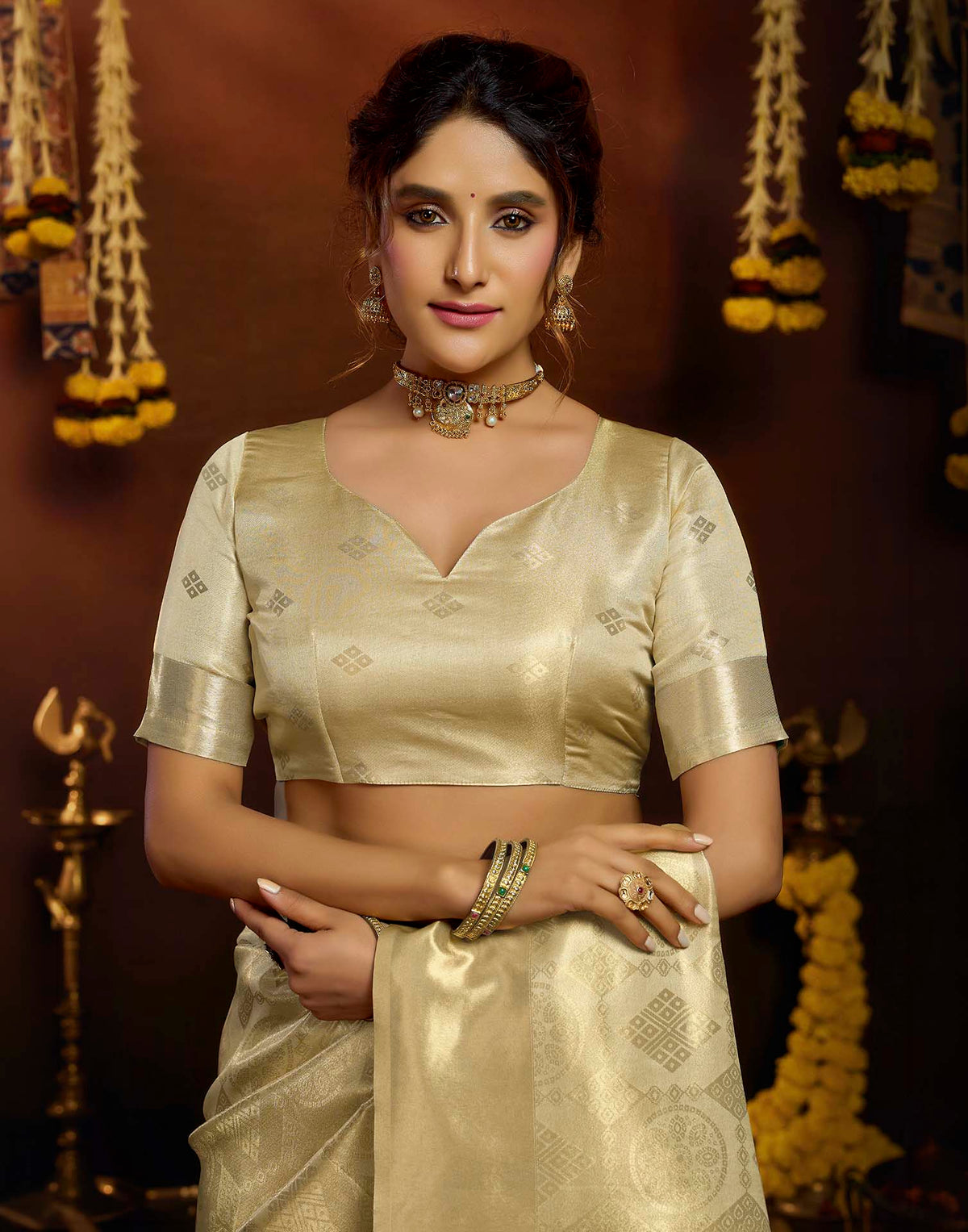 Cream Silk Woven Banarasi Saree