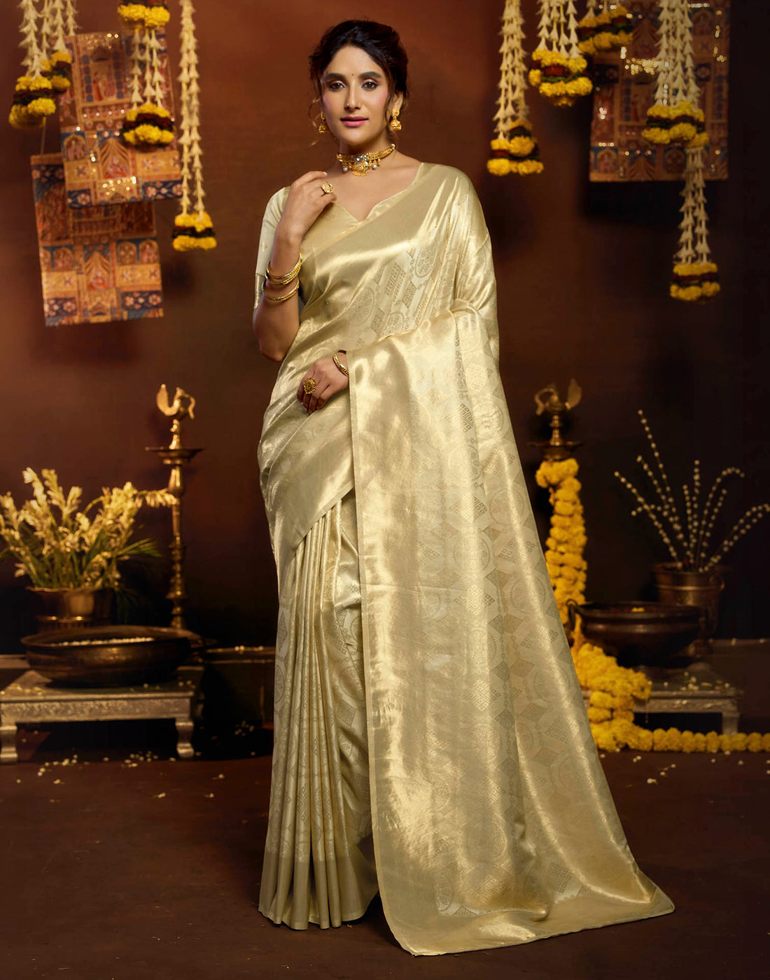 Cream Silk Woven Banarasi Saree