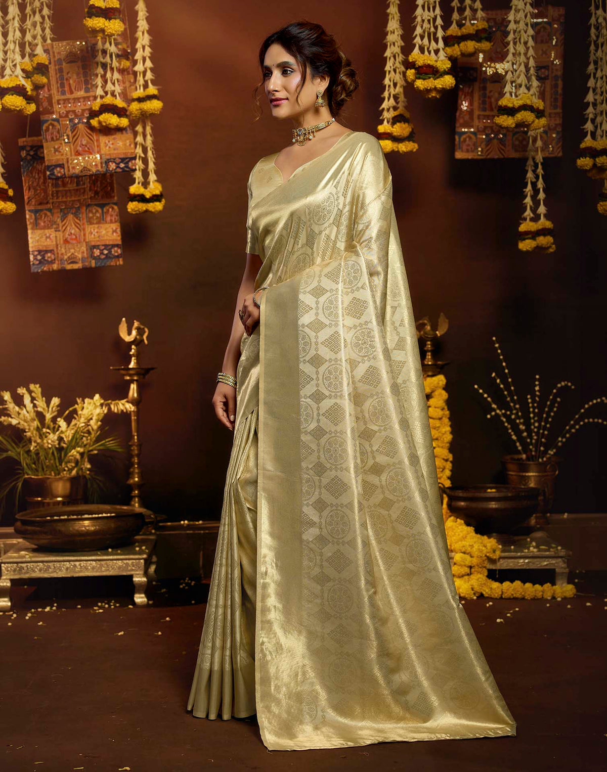 Cream Silk Woven Banarasi Saree