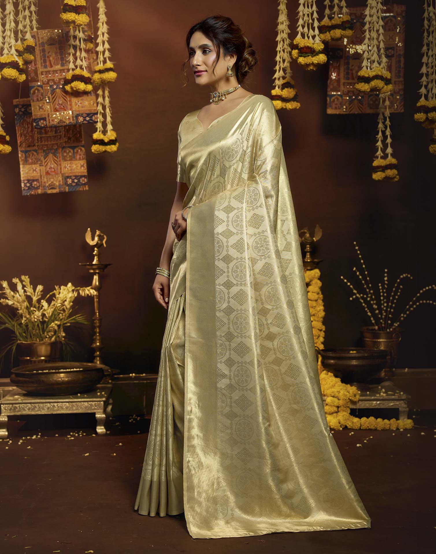 Cream Silk Woven Banarasi Saree