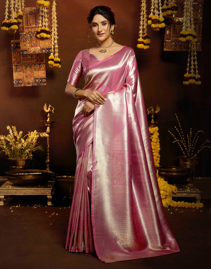 Glossy Pink Shimmer Silk Woven Banarasi Saree