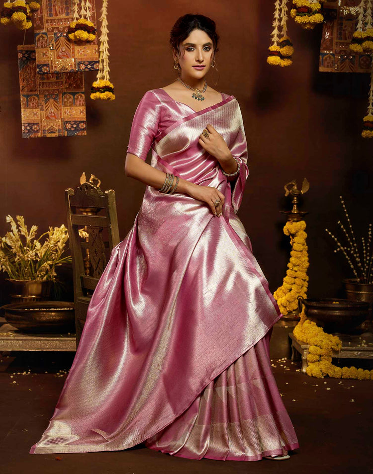 Glossy Pink Shimmer Silk Woven Banarasi Saree