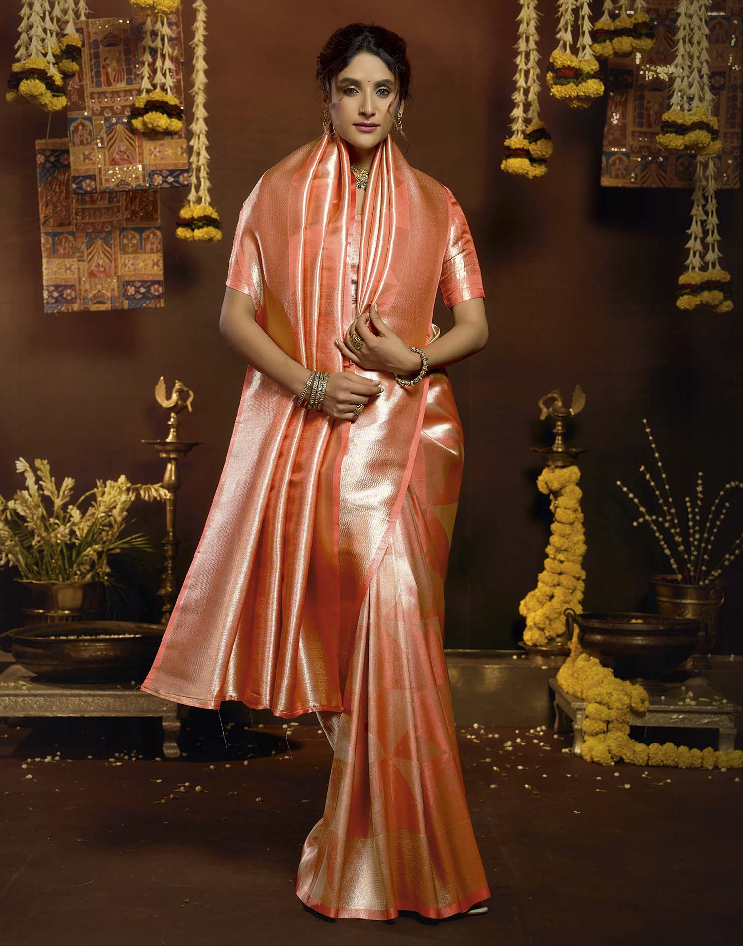 Orange Shimmer Silk Woven Banarasi Saree