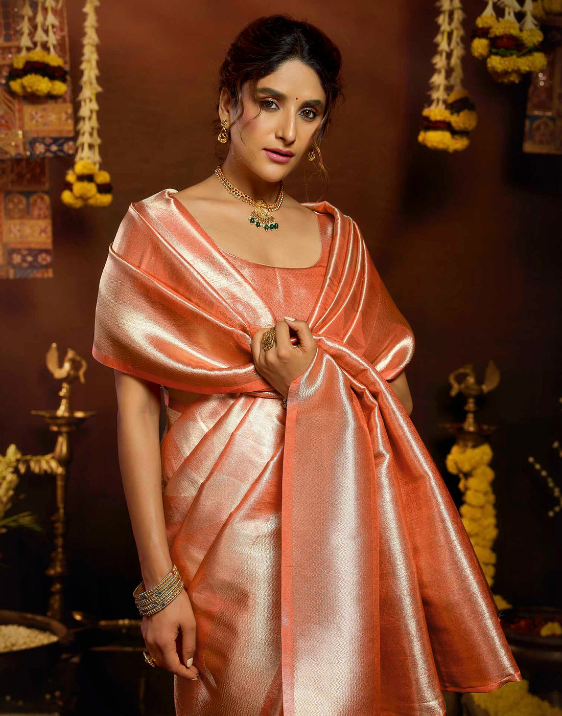 Orange Shimmer Silk Woven Banarasi Saree
