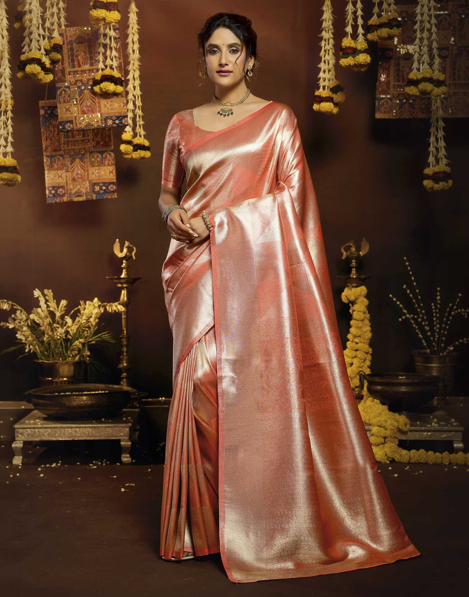 Orange Shimmer Silk Woven Banarasi Saree