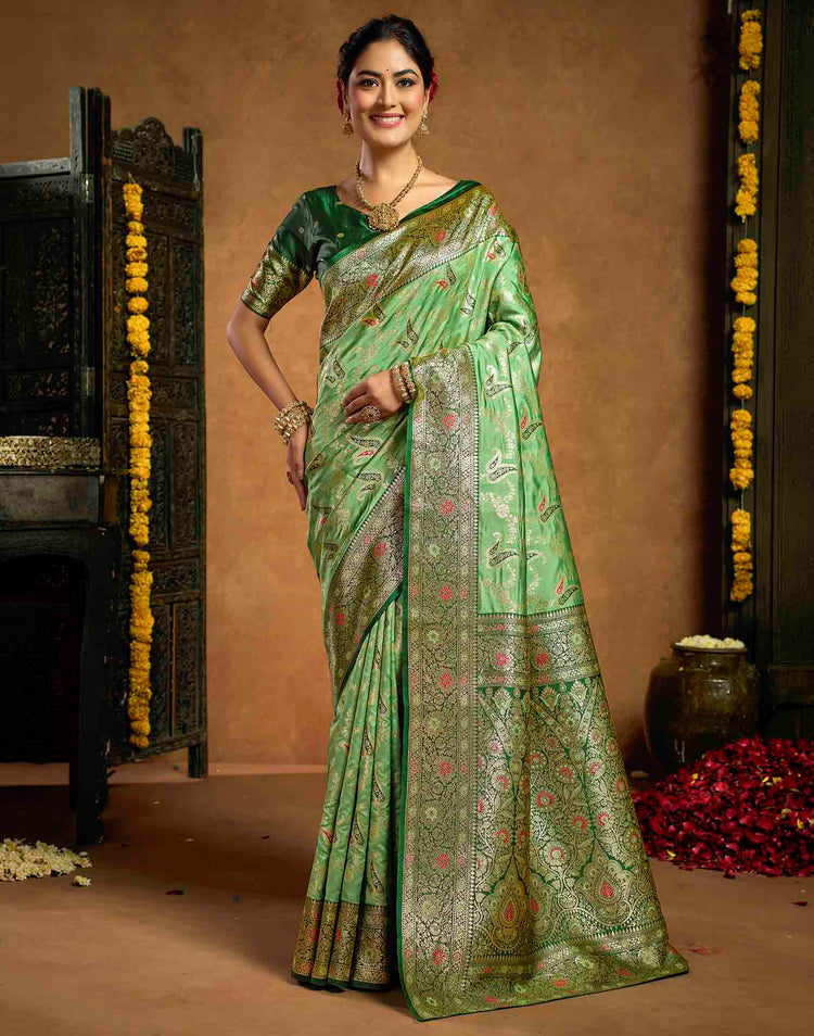 Parrot Green Silk Woven Banarasi Saree