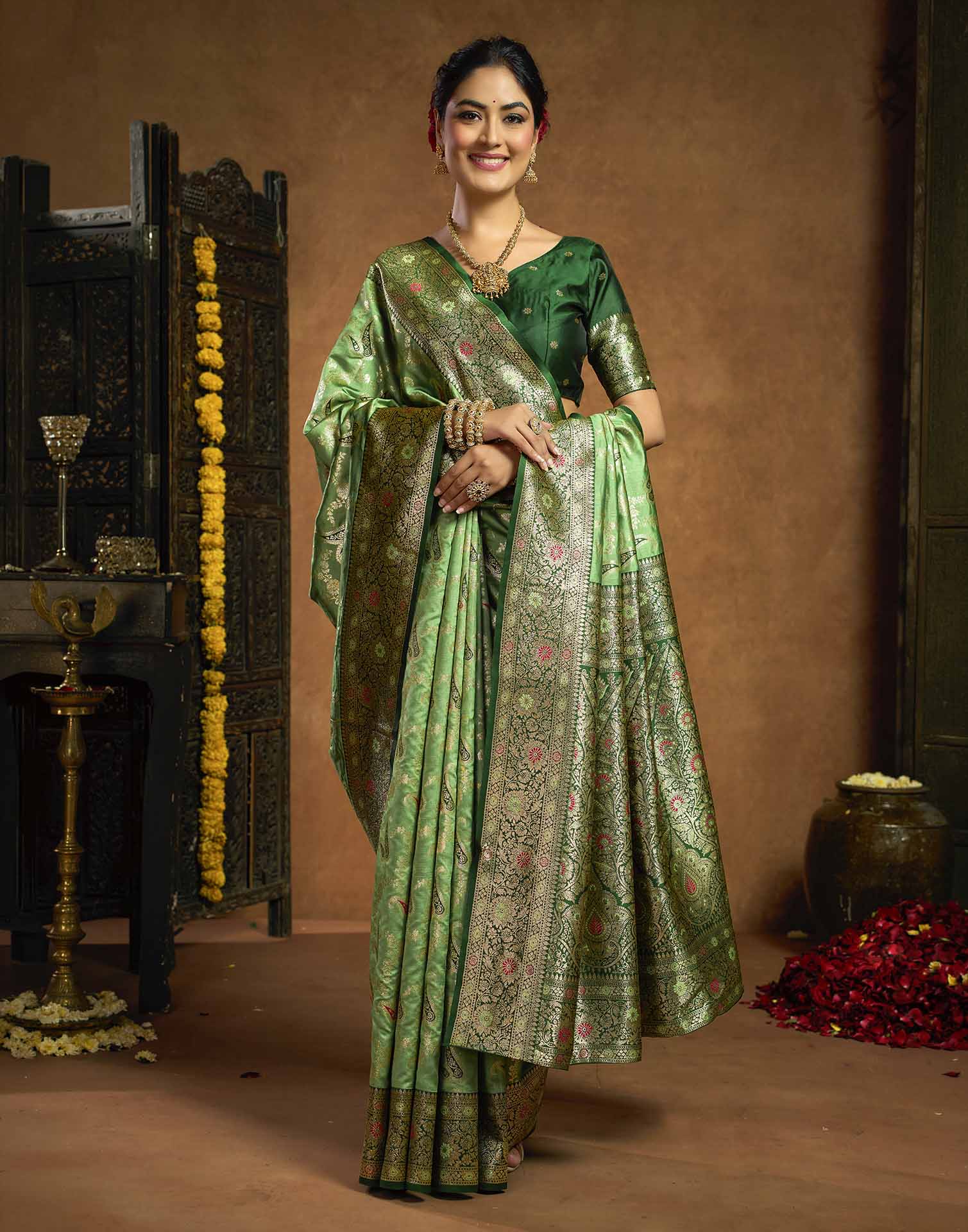 Parrot Green Silk Woven Banarasi Saree