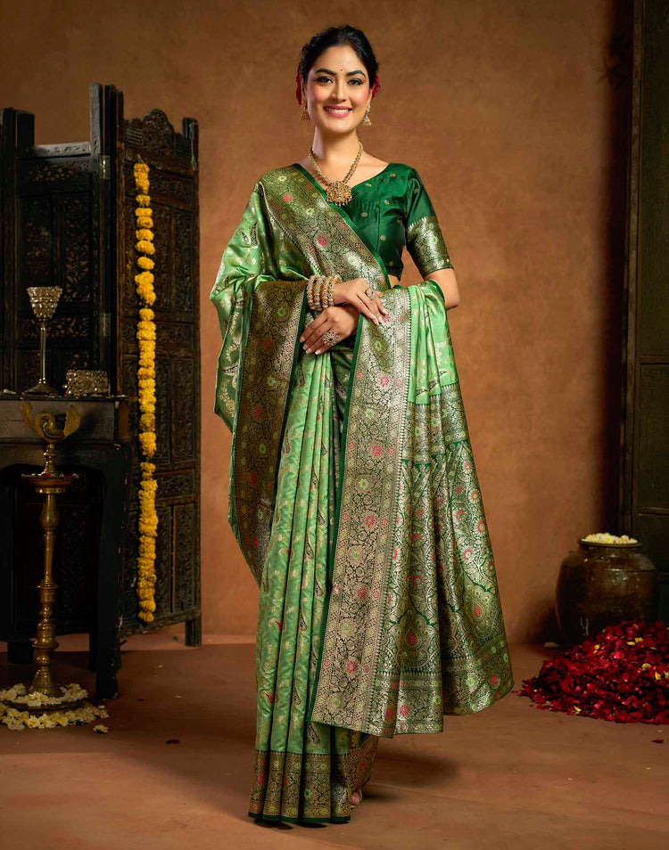 Parrot Green Silk Woven Banarasi Saree