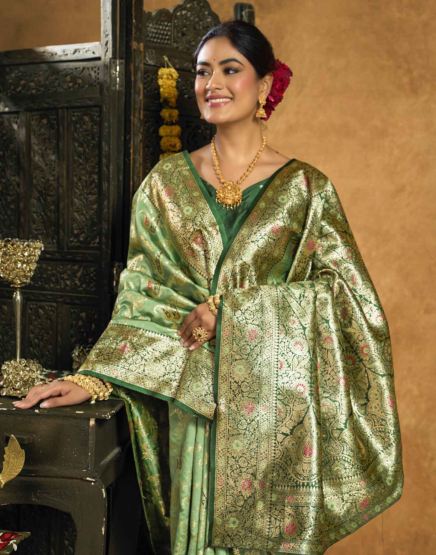 Parrot Green Silk Woven Banarasi Saree