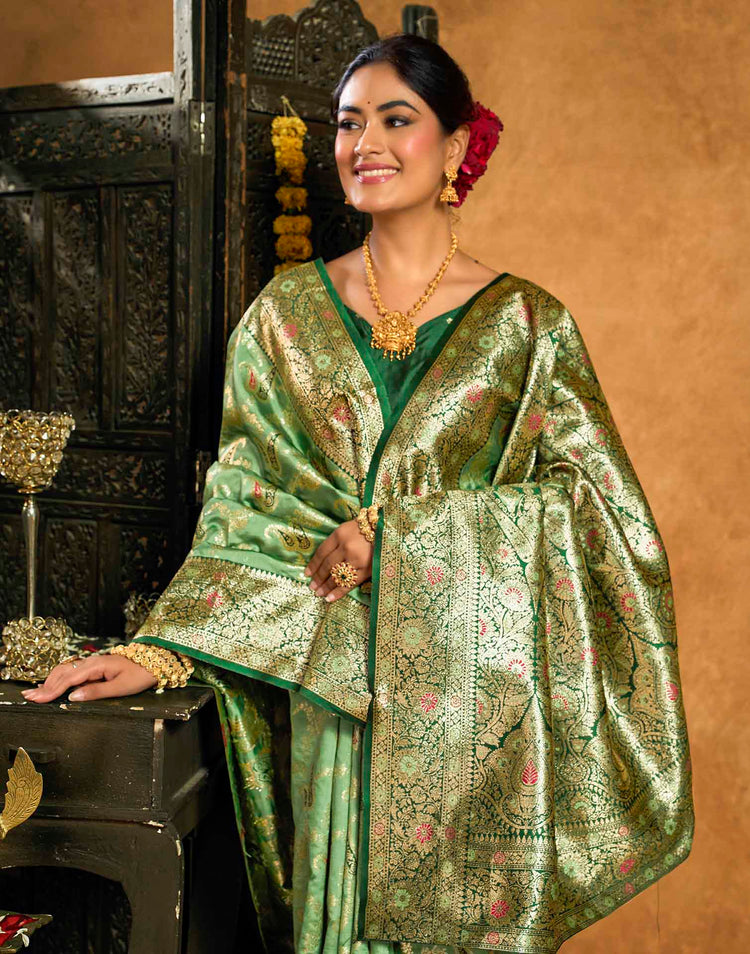 Parrot Green Silk Woven Banarasi Saree