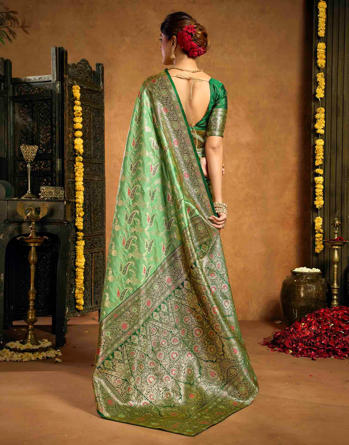 Parrot Green Silk Woven Banarasi Saree