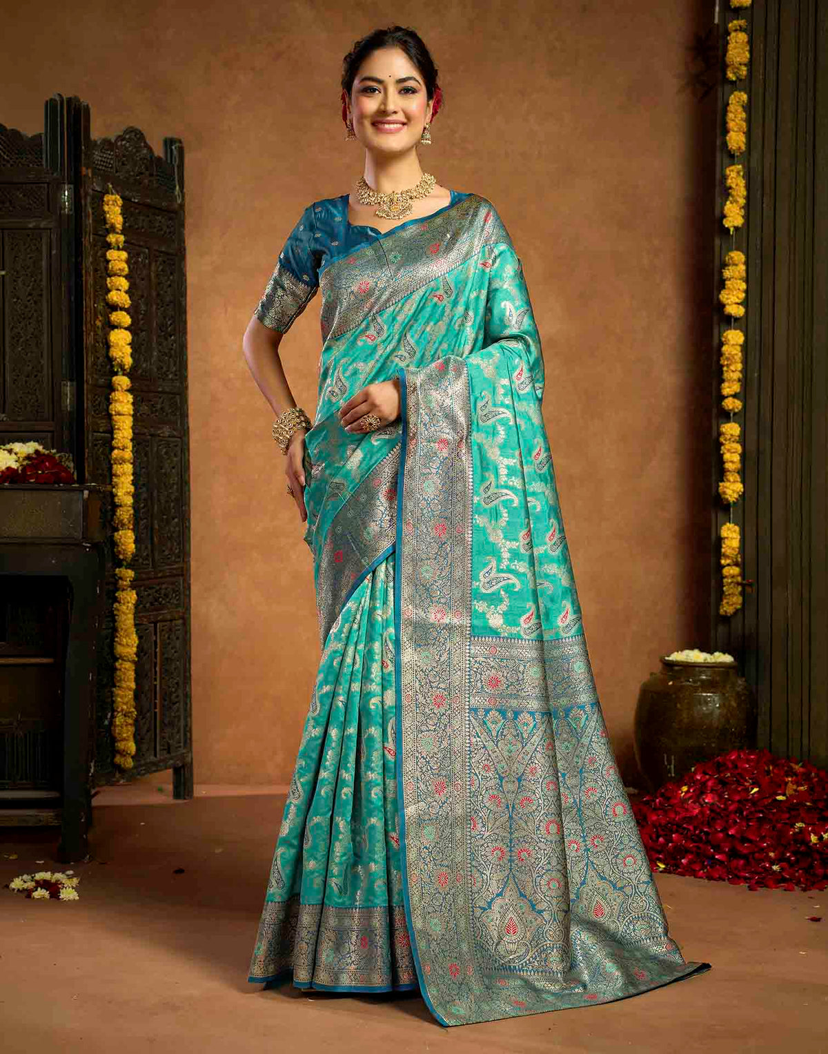 Aqua Blue Silk Woven Banarasi Saree