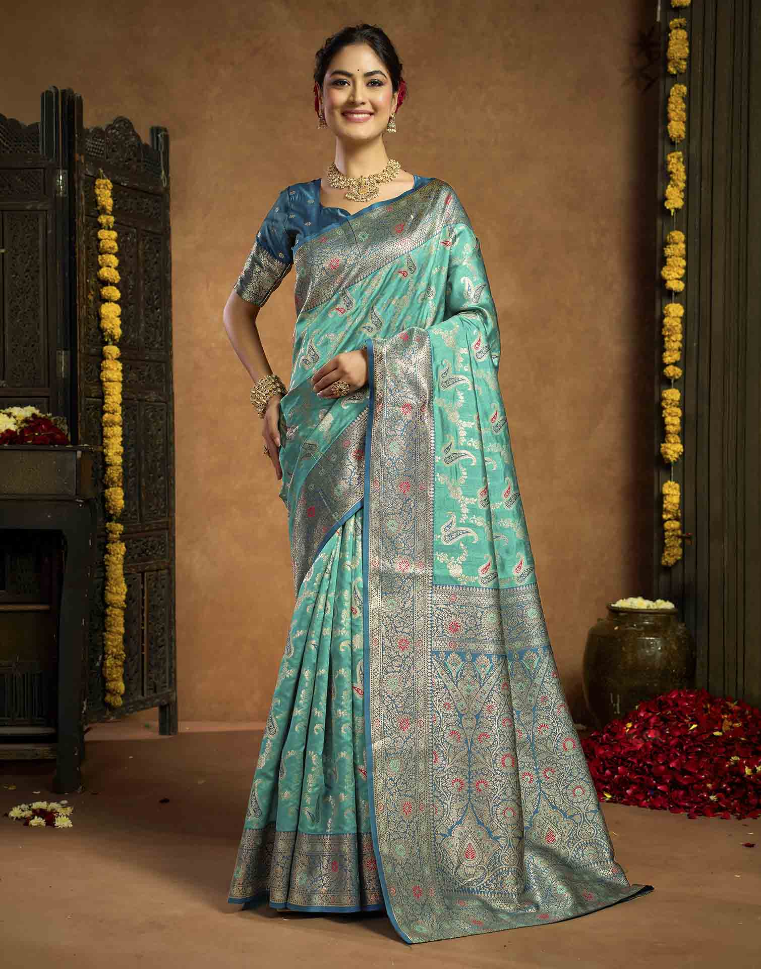 Aqua Blue Silk Woven Banarasi Saree