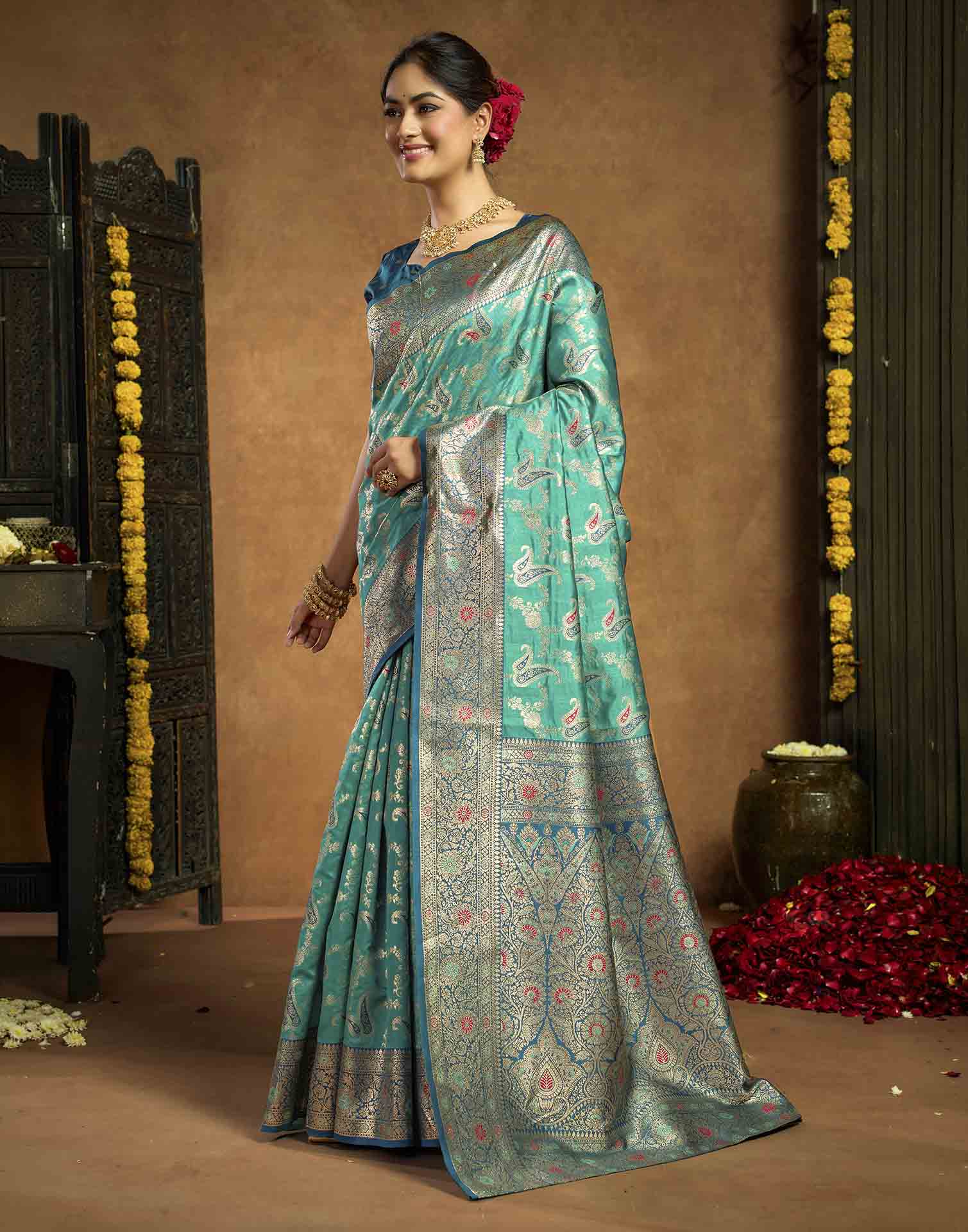 Aqua Blue Silk Woven Banarasi Saree