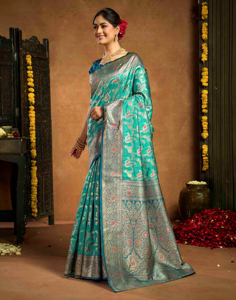 Aqua Blue Silk Woven Banarasi Saree