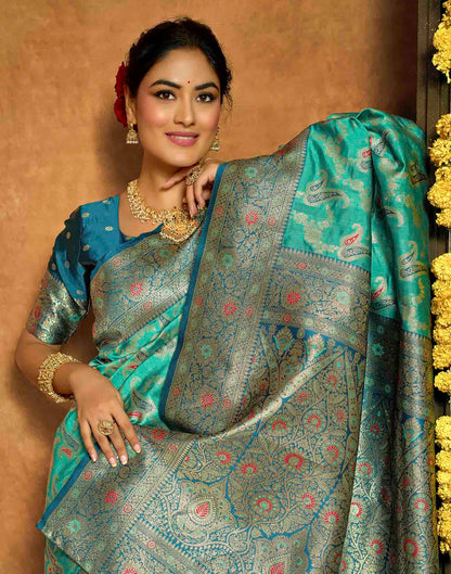 Aqua Blue Silk Woven Banarasi Saree