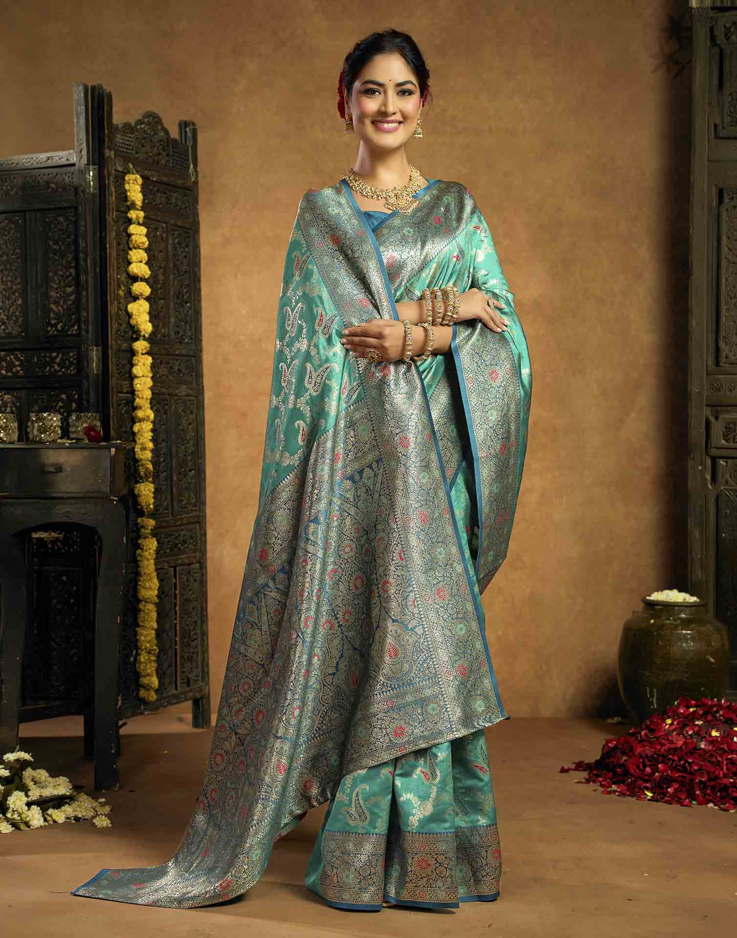 Aqua Blue Silk Woven Banarasi Saree