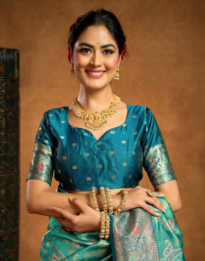 Aqua Blue Silk Woven Banarasi Saree