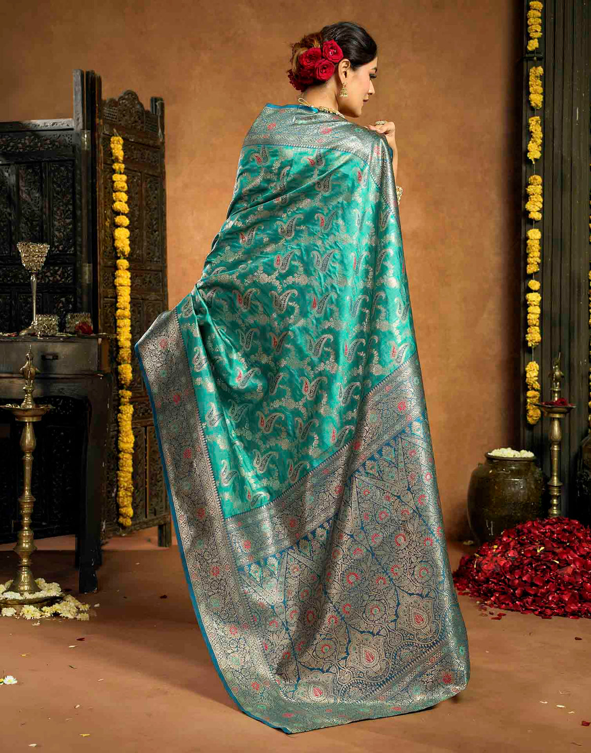 Aqua Blue Silk Woven Banarasi Saree