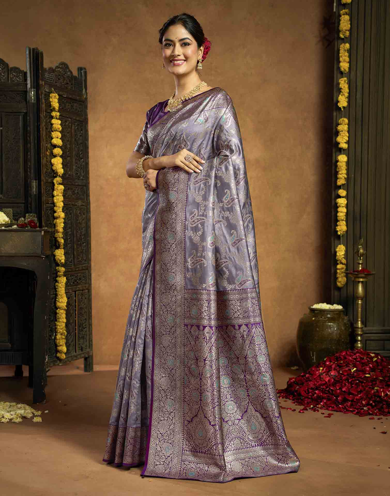Dusty Lavender Silk Woven Banarasi Saree