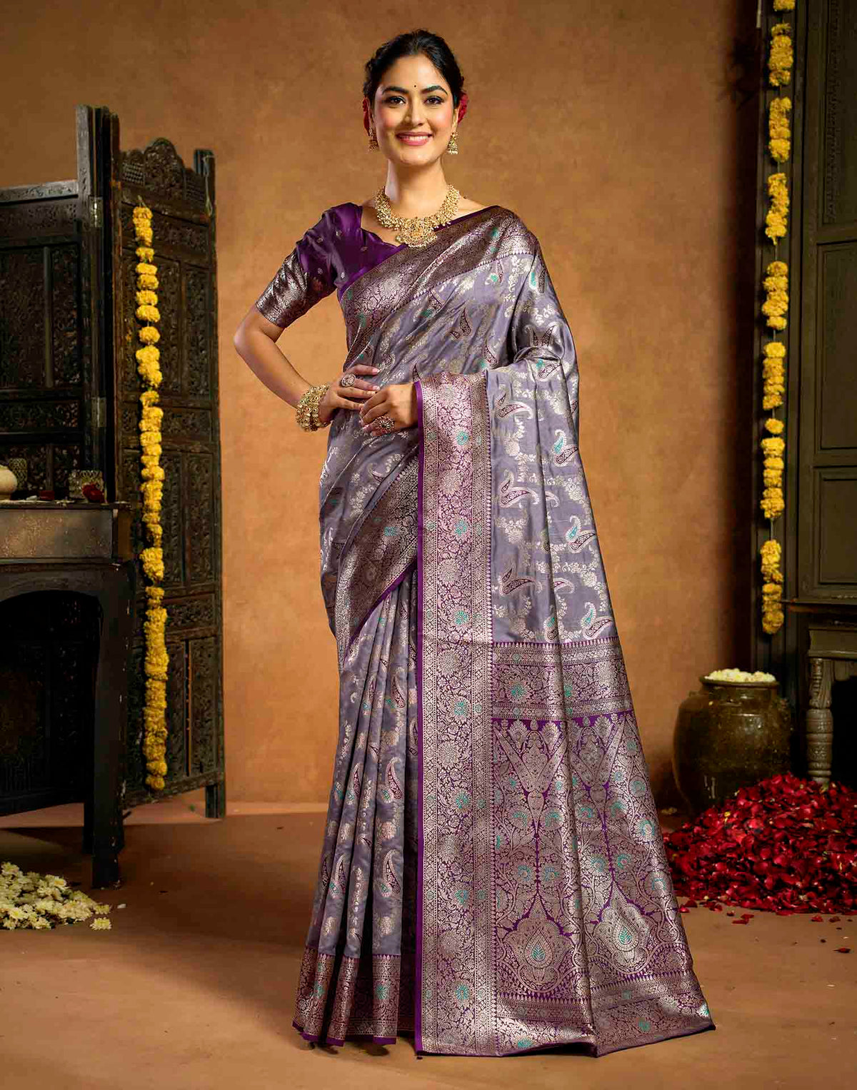 Dusty Lavender Silk Woven Banarasi Saree