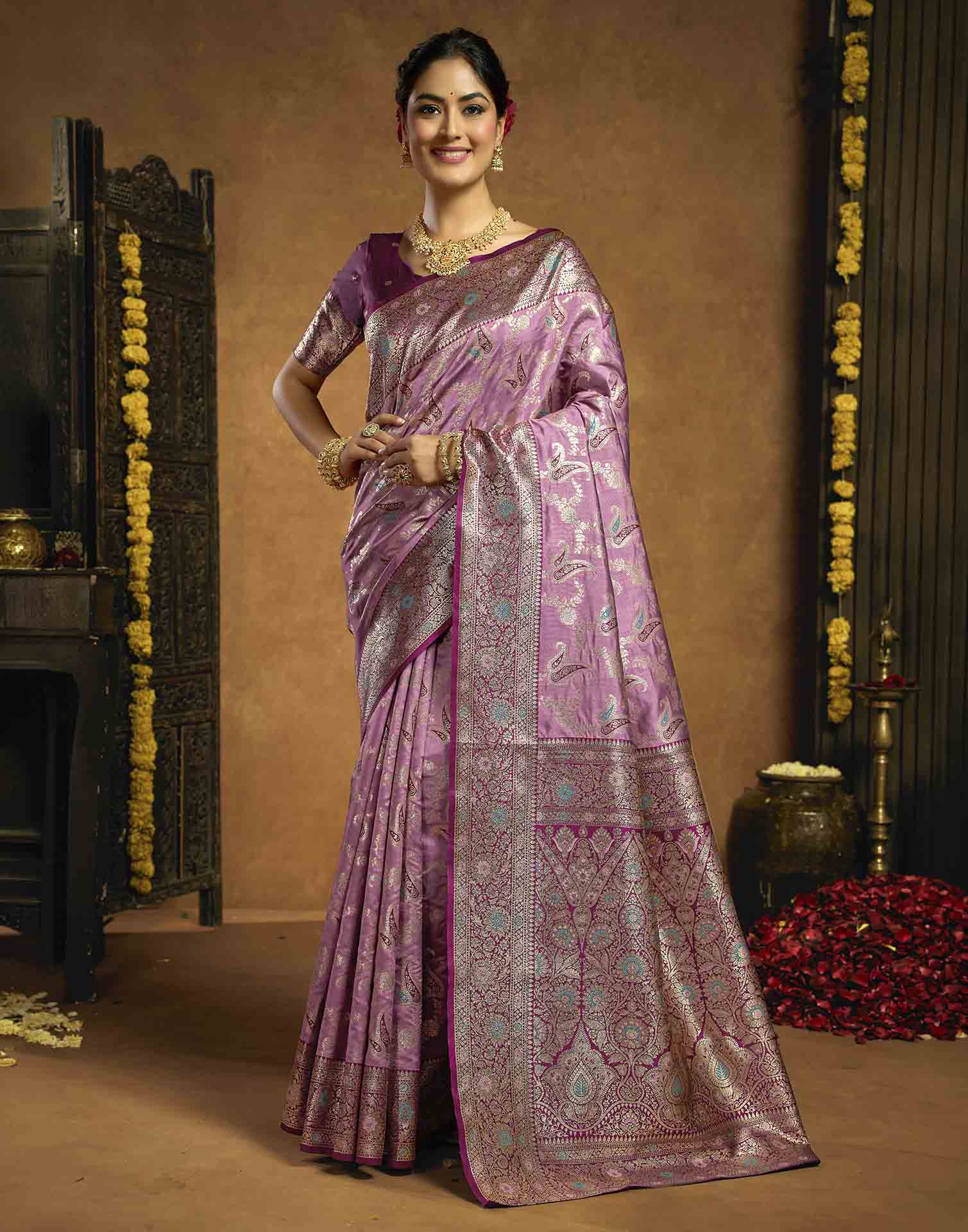 Mauve Silk Woven Banarasi Saree