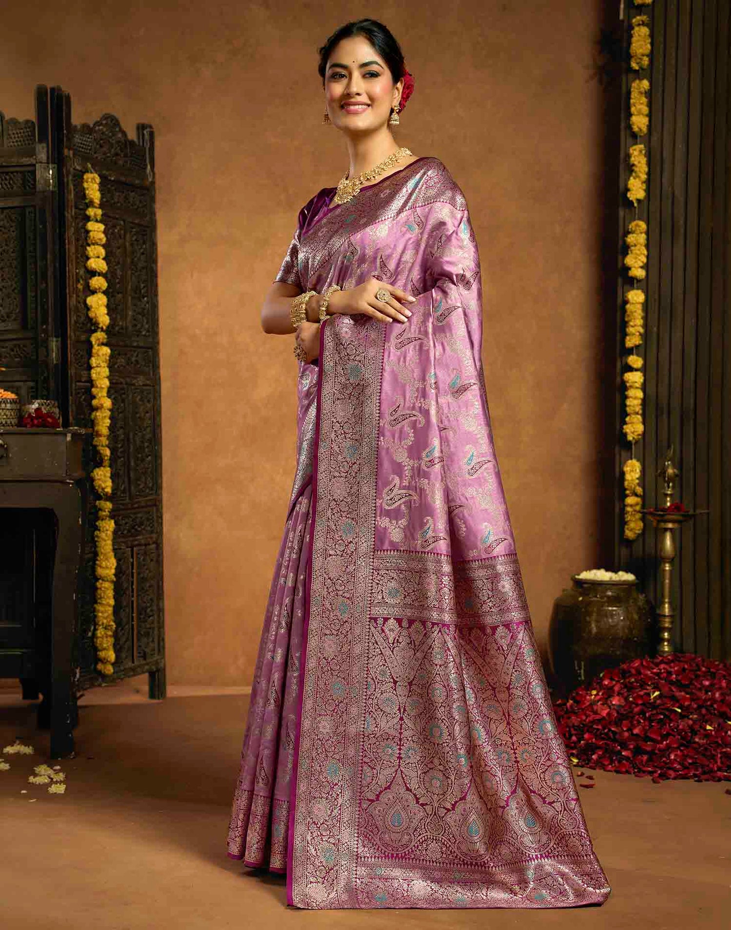 Mauve Silk Woven Banarasi Saree