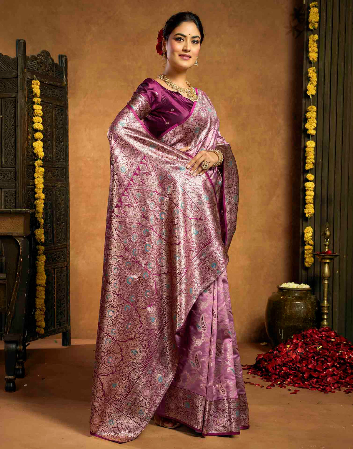 Mauve Silk Woven Banarasi Saree