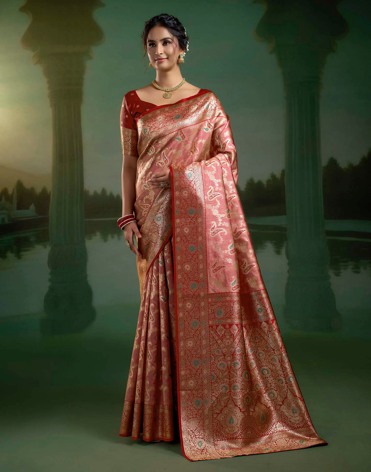 Dusty Rose Pink Silk Woven Banarasi Saree