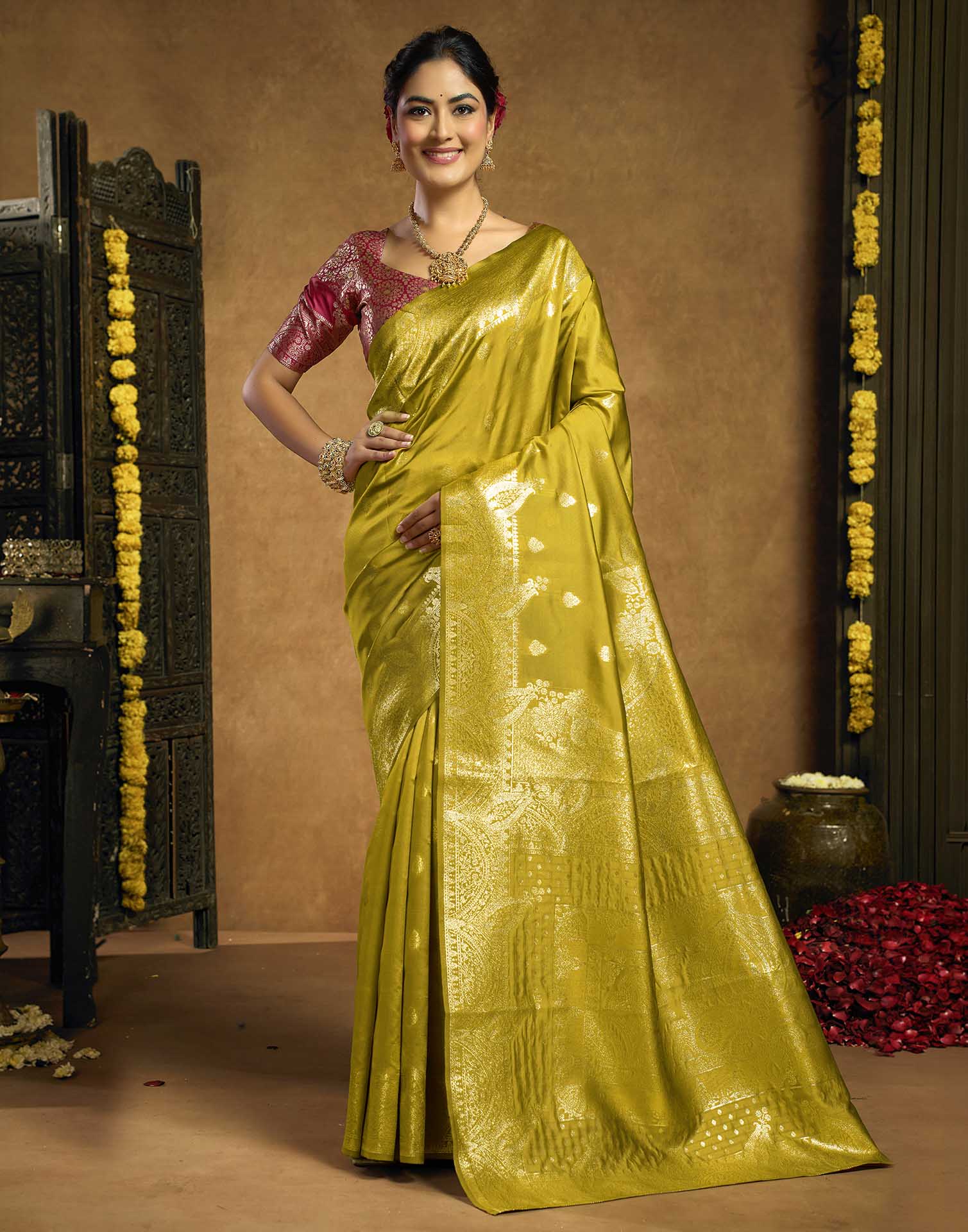 Mustard Yellow Silk Woven Banarasi Saree