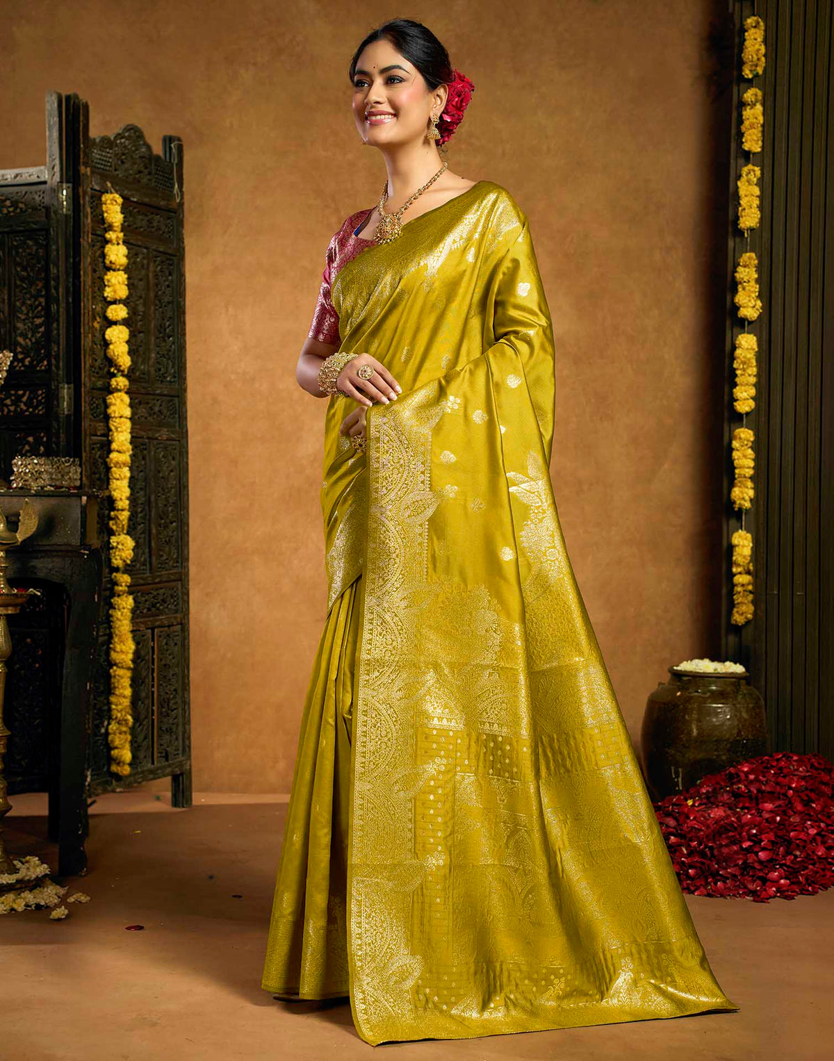 Mustard Yellow Silk Woven Banarasi Saree