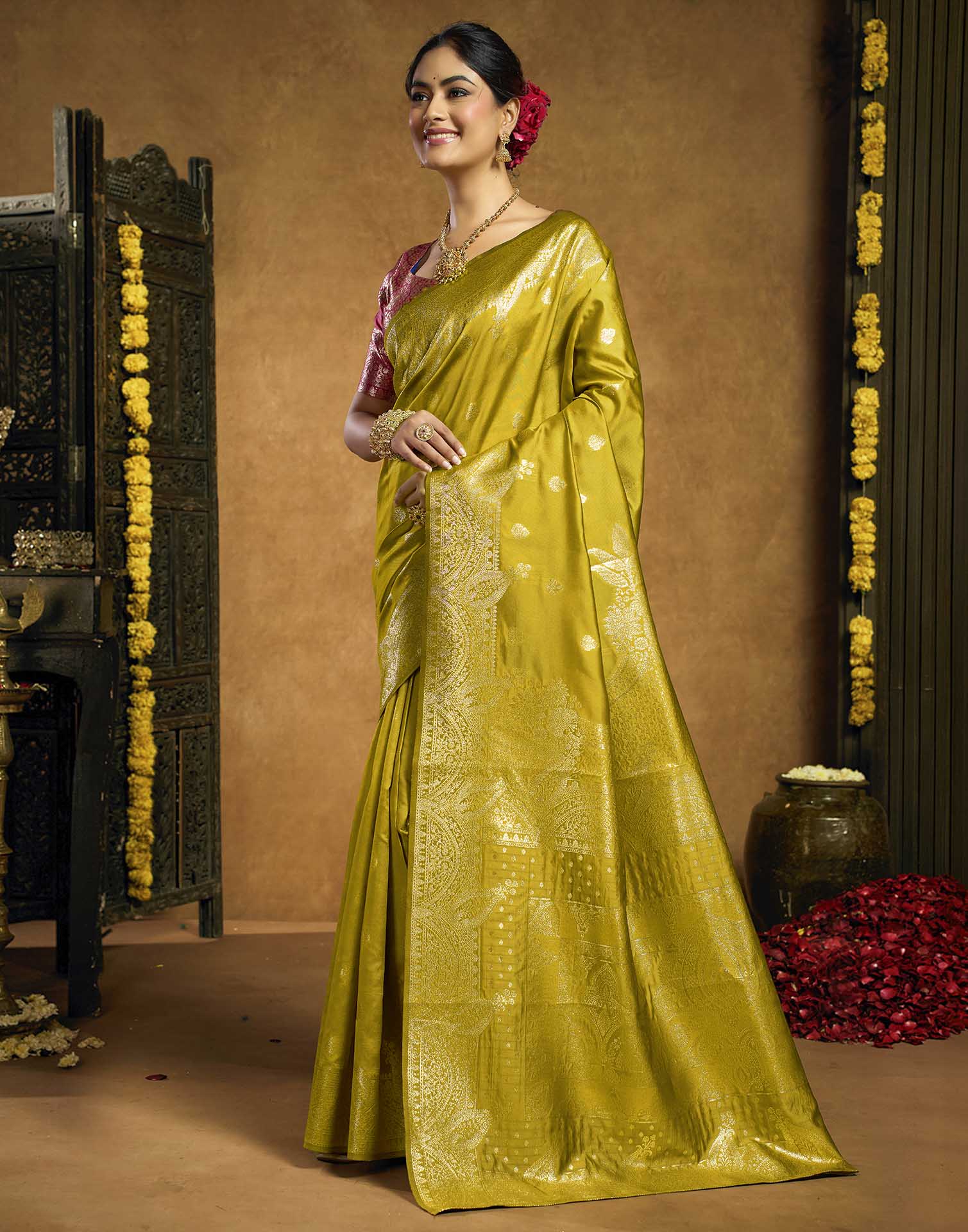 Mustard Yellow Silk Woven Banarasi Saree