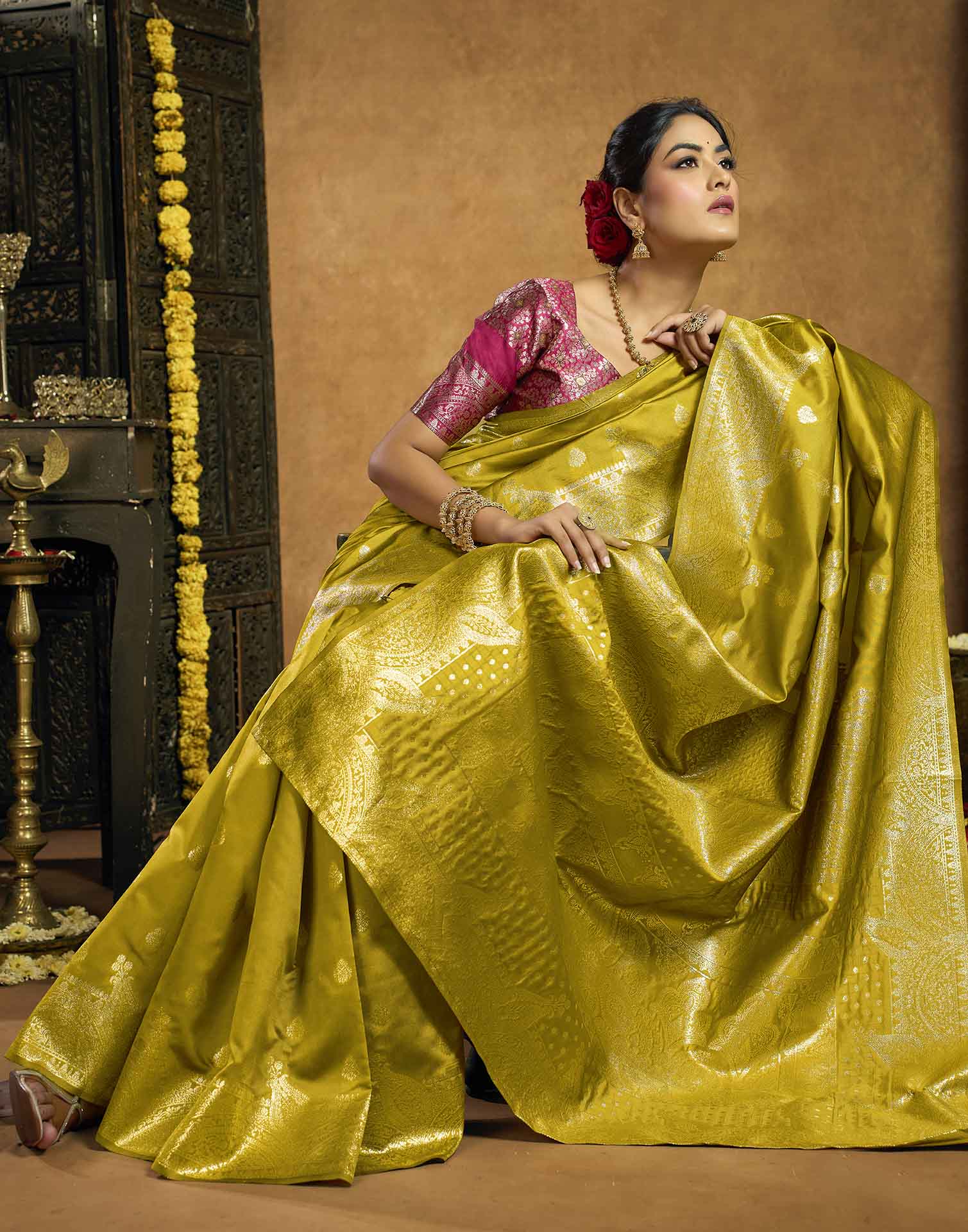 Mustard Yellow Silk Woven Banarasi Saree