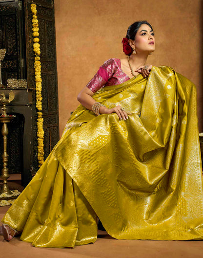 Mustard Yellow Silk Woven Banarasi Saree