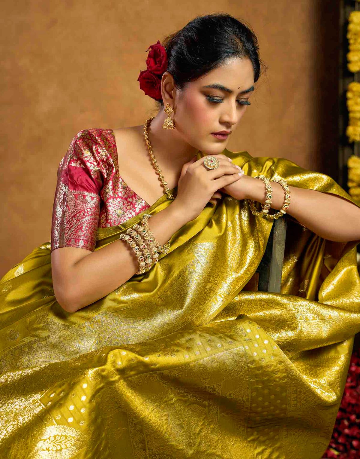 Mustard Yellow Silk Woven Banarasi Saree