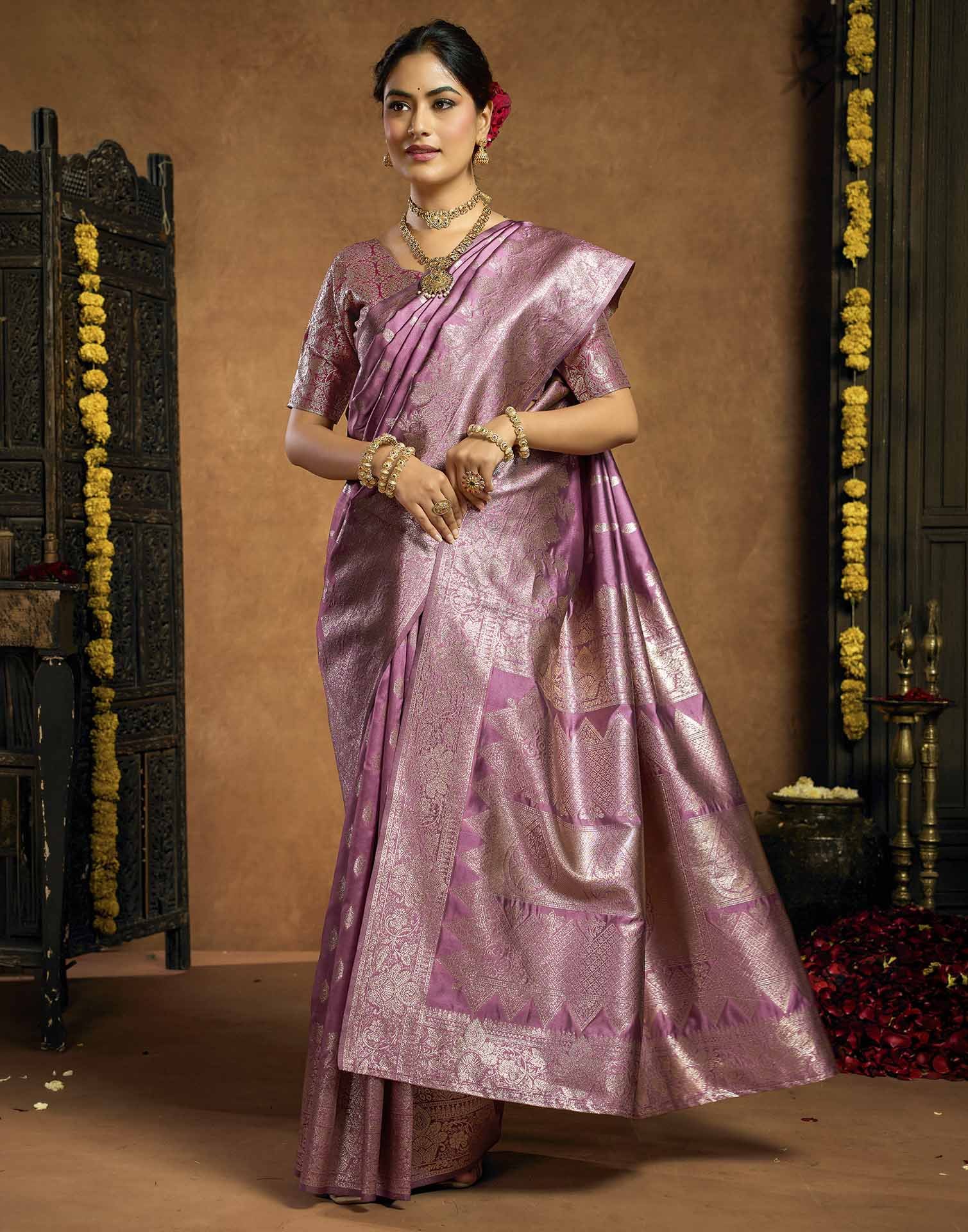 Mauve Pink Silk Woven Banarasi Saree