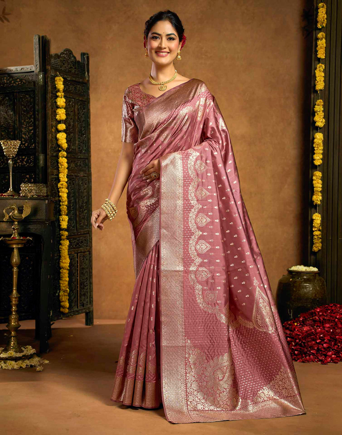 Dusty Rose Pink Silk Woven Banarasi Saree